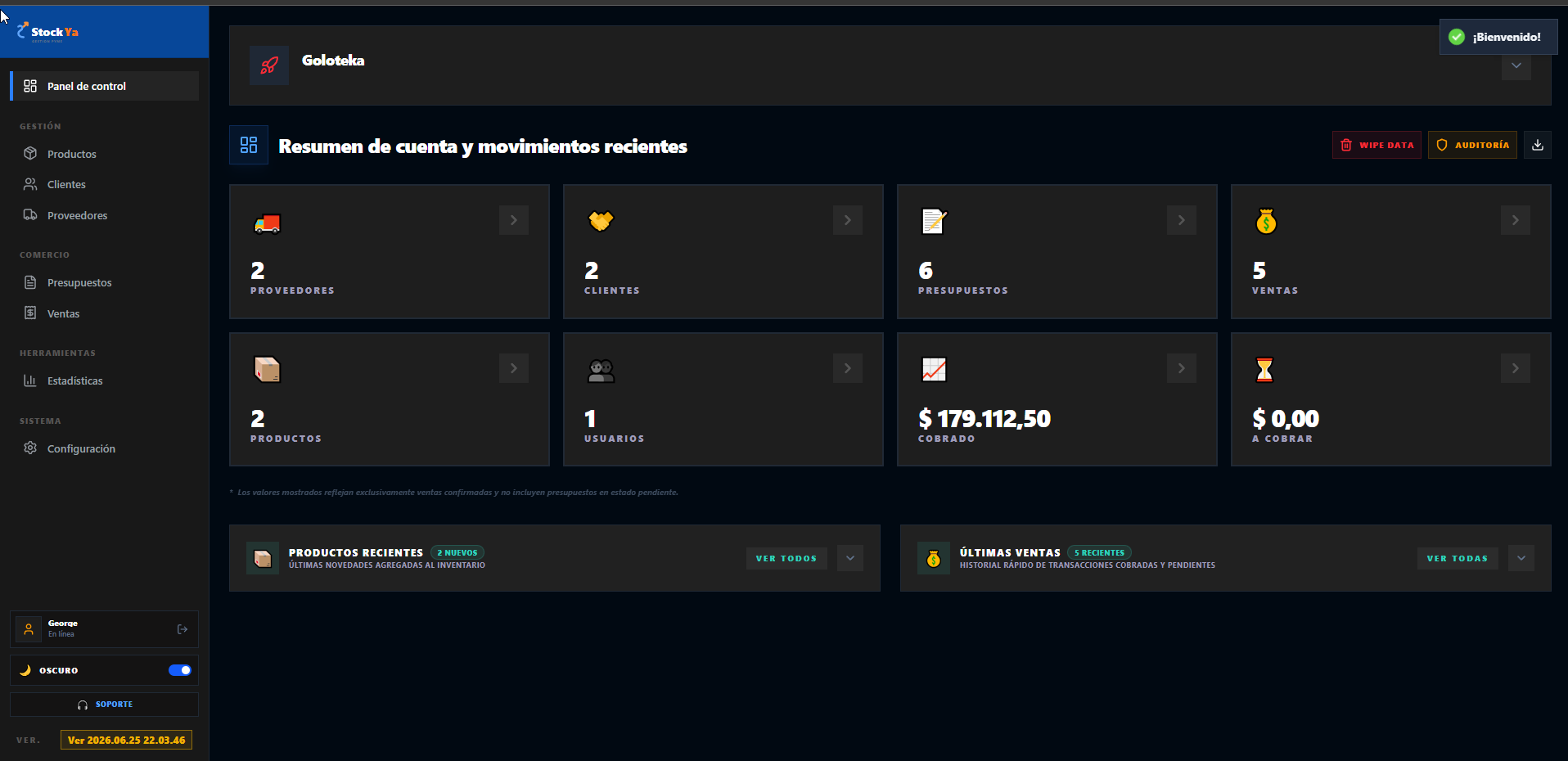 Panel de control de StockYa: sistema de gestión de stock, ventas, clientes y proveedores desarrollado por Desarrollos Web